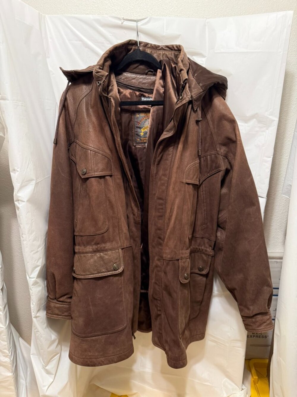 Adventure Bound by Wilsons Mens XL Brown Leather Hooded Parka Jacket Thinsulate